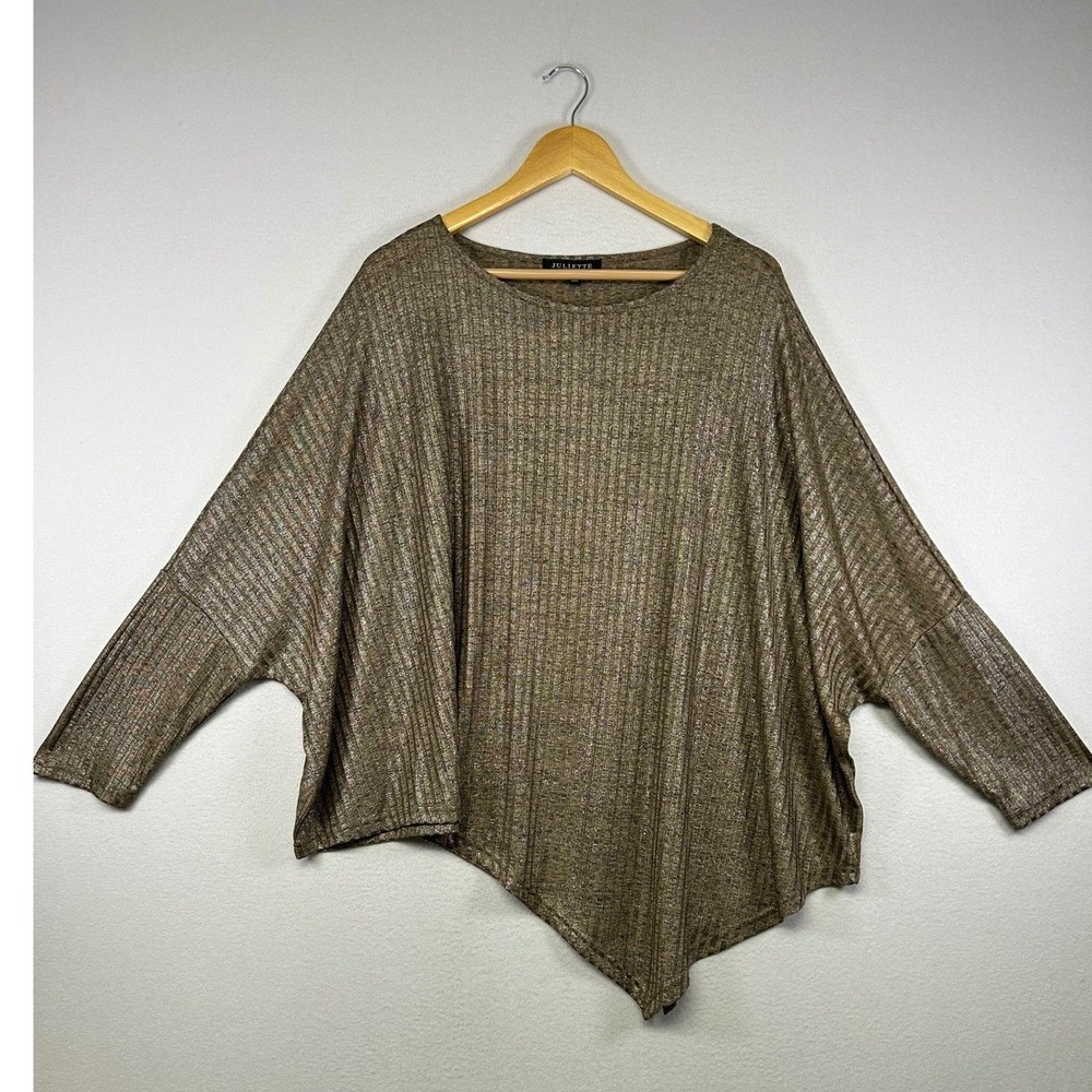 Metallic Shimmer Juliette Women Large Gold Ribbed Asymmetrical Dolman Top ST-888